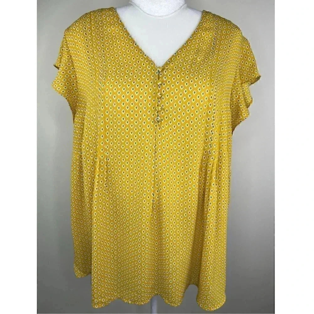 Carolina Belle Mustard Yellow Diamond Pattern Flutter Sleeve Blouse - Spring 1X